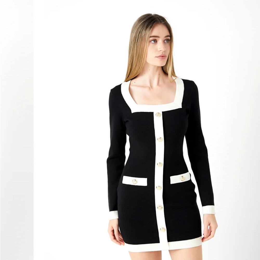 Endless Rose Black Knit Dress with White trim and gold buttons size M